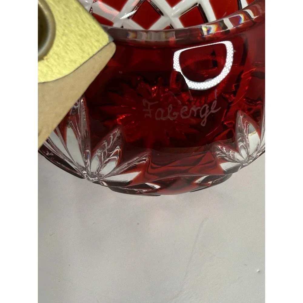 Faberge Crystal Votive Candle Holders Ruby Red Cobalt Blue Cut Clear Signed Pair